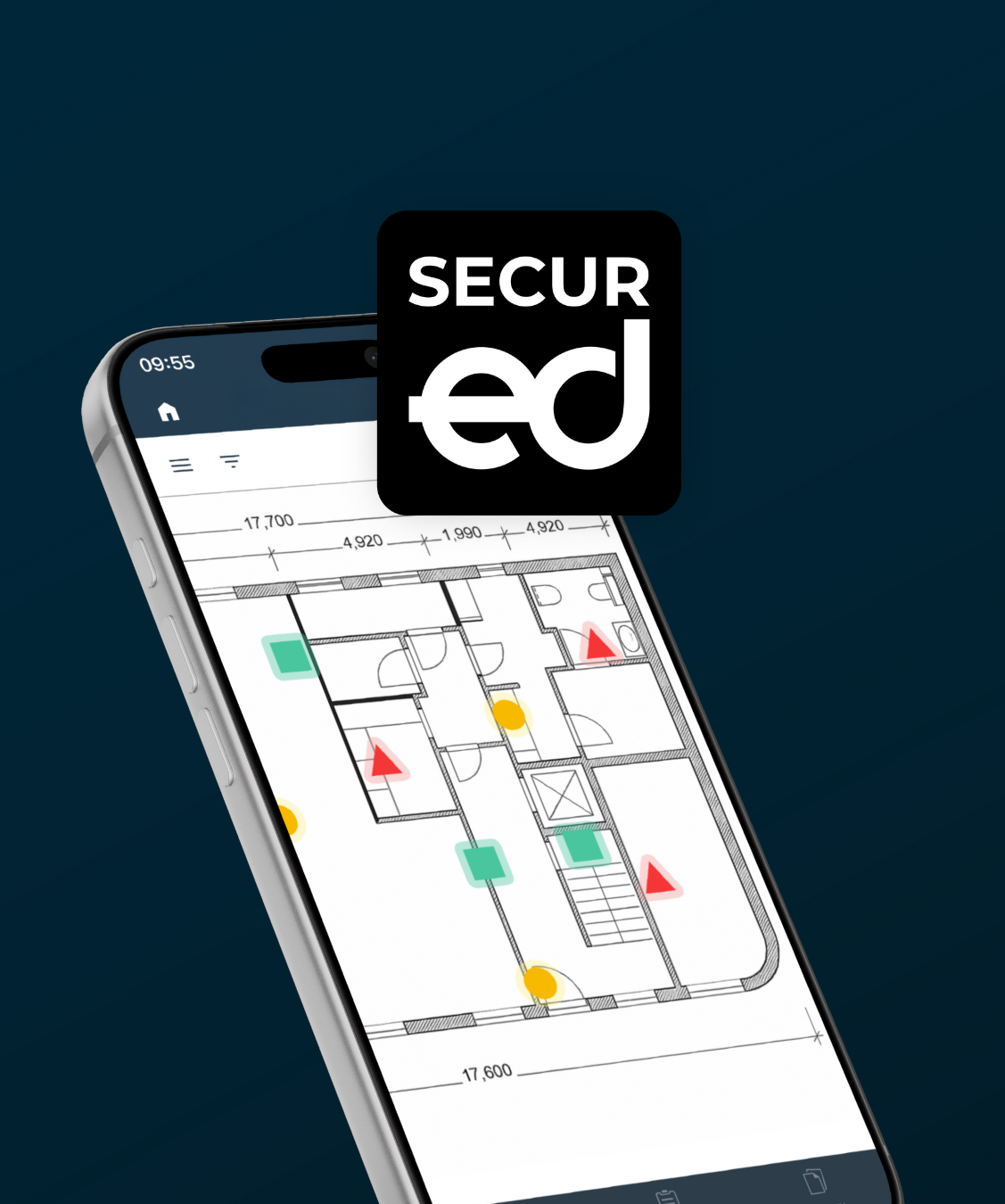 SecurEd app on a smartphone showing a floor plan